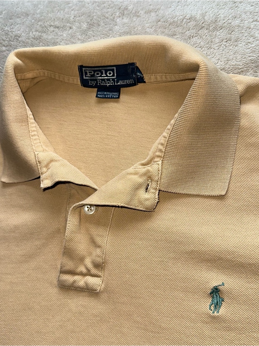 Vintage Ralph Lauren Men’s Polo Shirt in Tan with Teal Pony Large